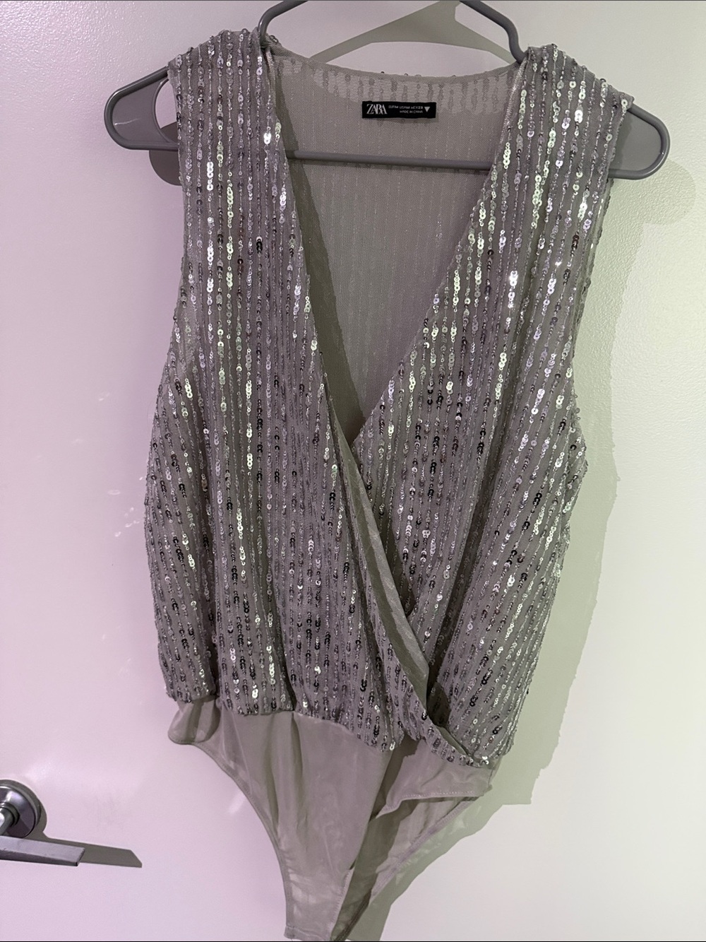 ZARA Silver Sequin Wrap-Front Bodysuit